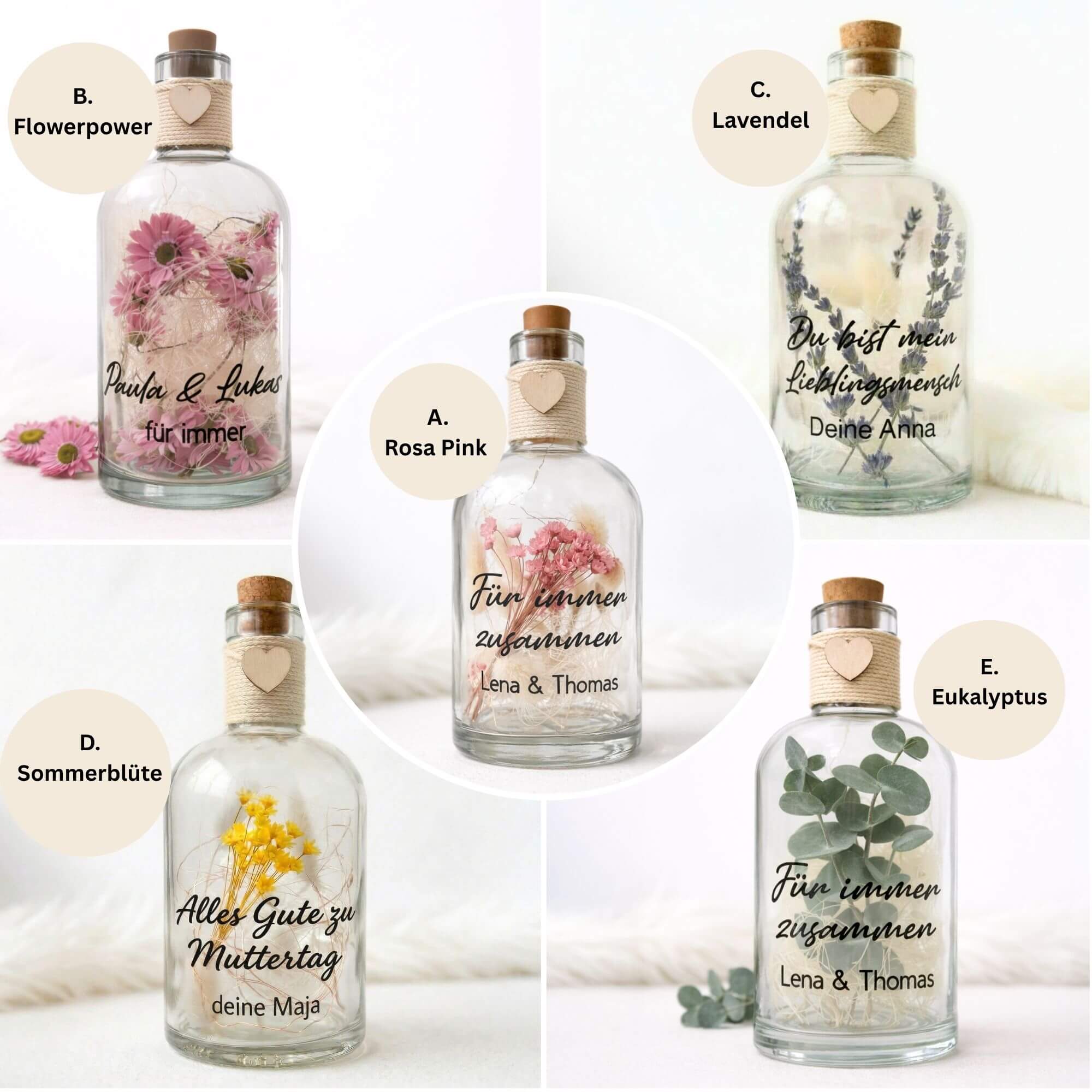 Personalisierte Flower Bottle mit LED-Licht und Wunschtext
