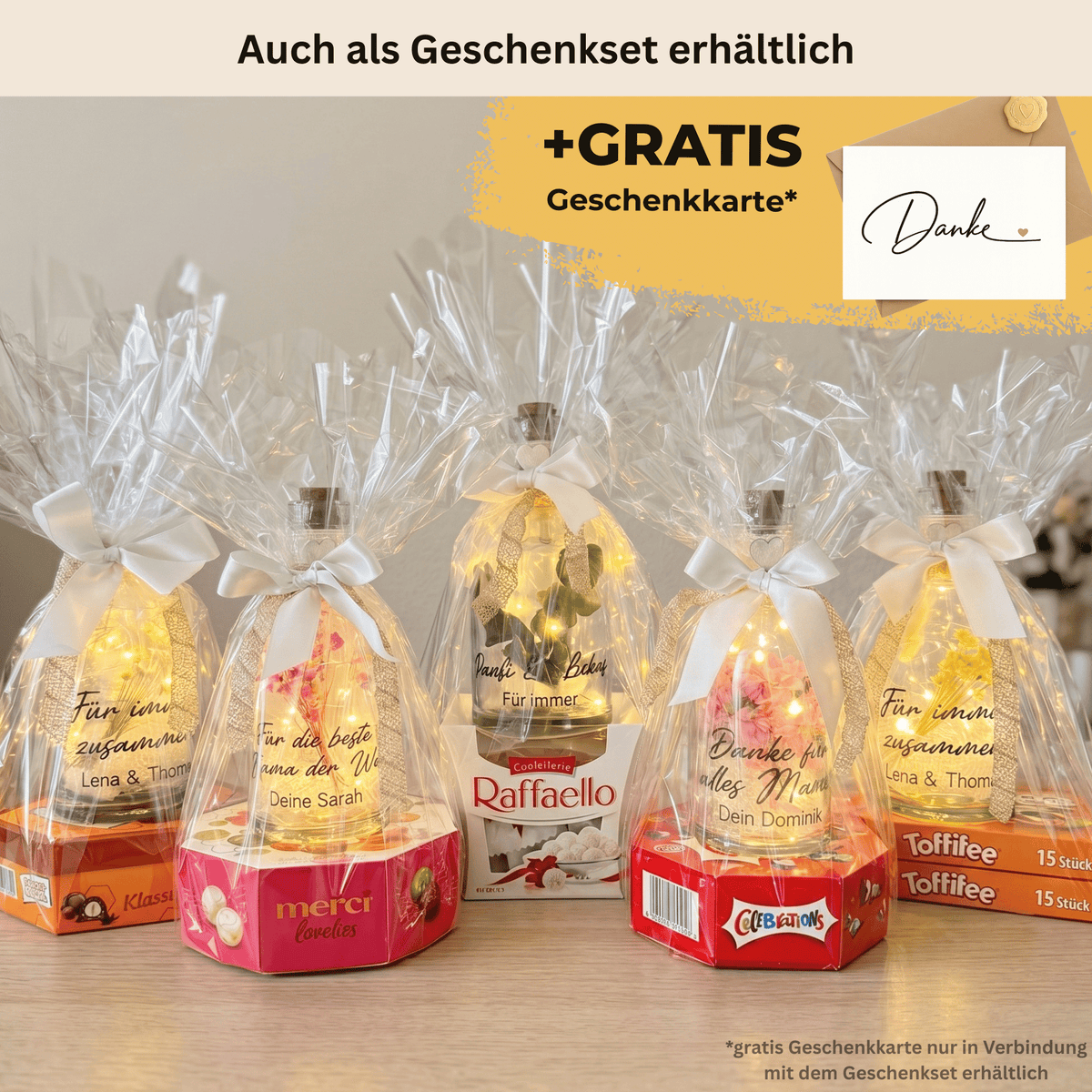 Personalisierte Flower Bottle mit LED-Licht und Wunschtext